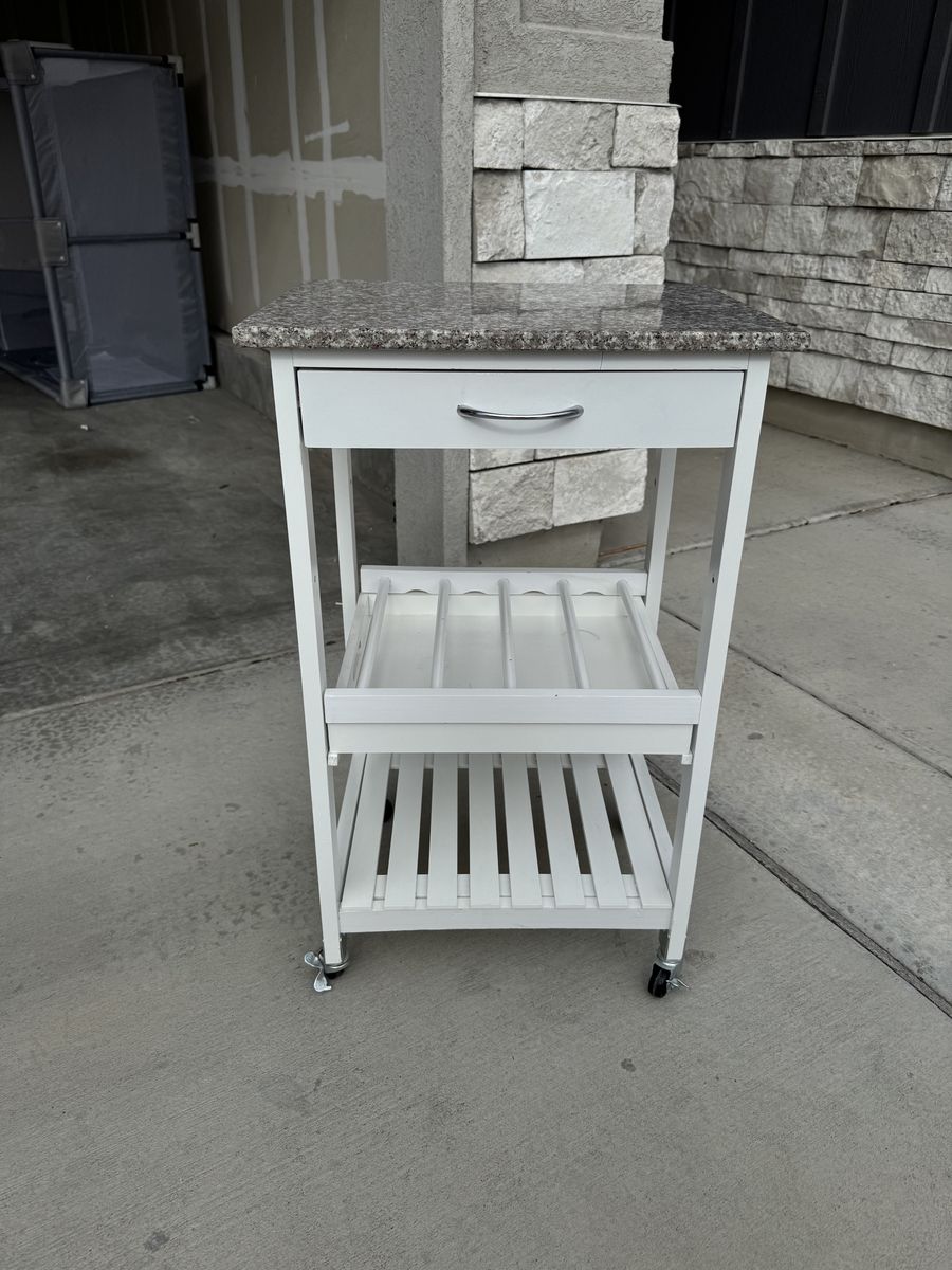 Rolling Kitchen Cart with Granite Look Top
