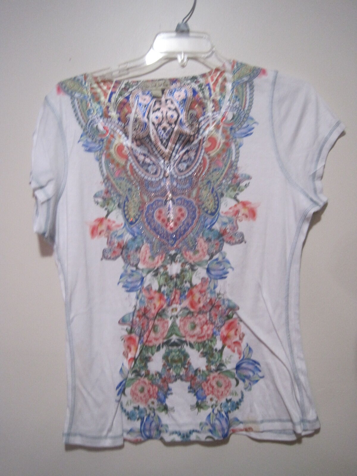 One World Live and Let Live Shirt Womens XL White Boho Floral Short Sleeve Shirt