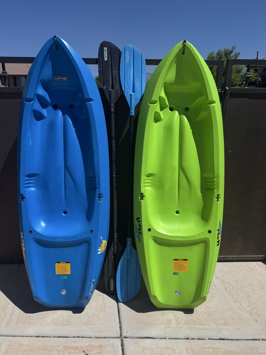 2 Lifetime Kid Kayaks and Paddles - Excellent Condition