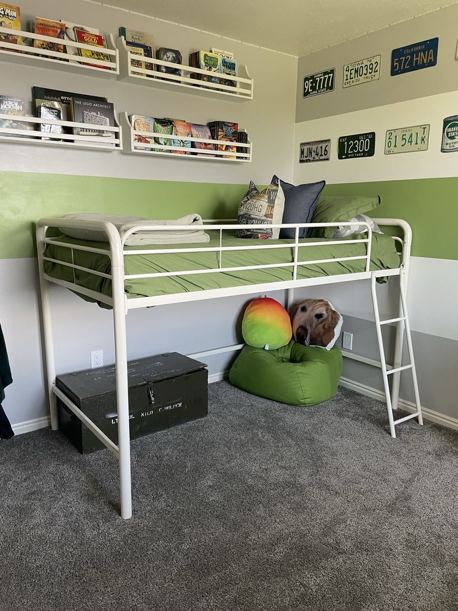 White Metal Twin Loft Bed Frame with ladder and mattress