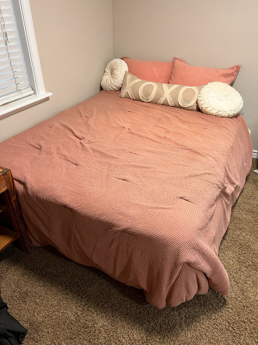 Queen bed with box spring and metal frame