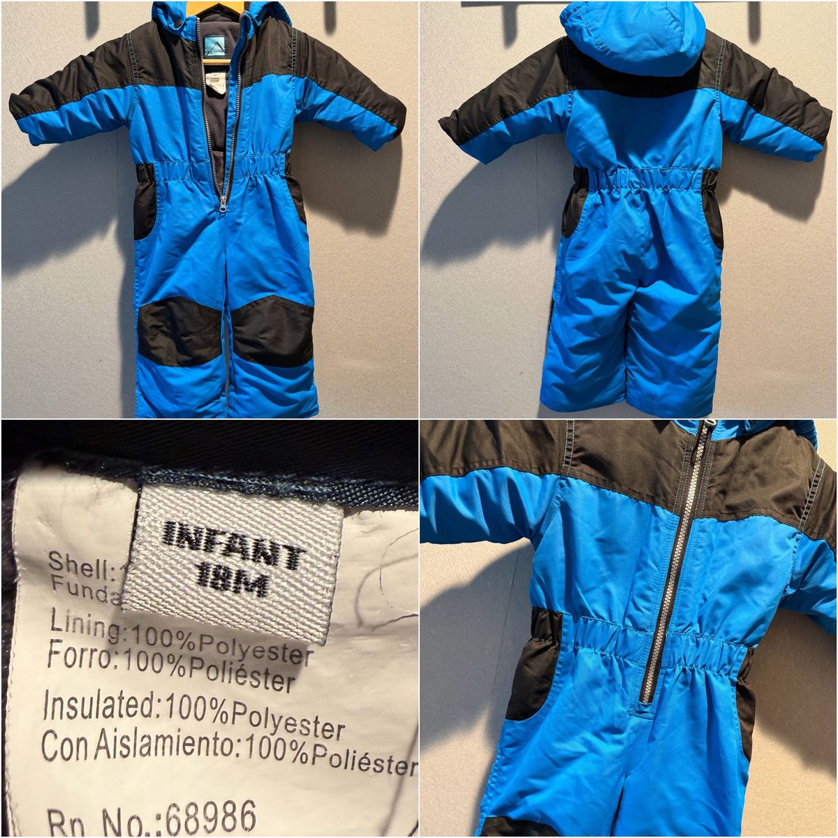 Infant Blue and Black Winter Snowsuit Size 18M Hooded Insulated