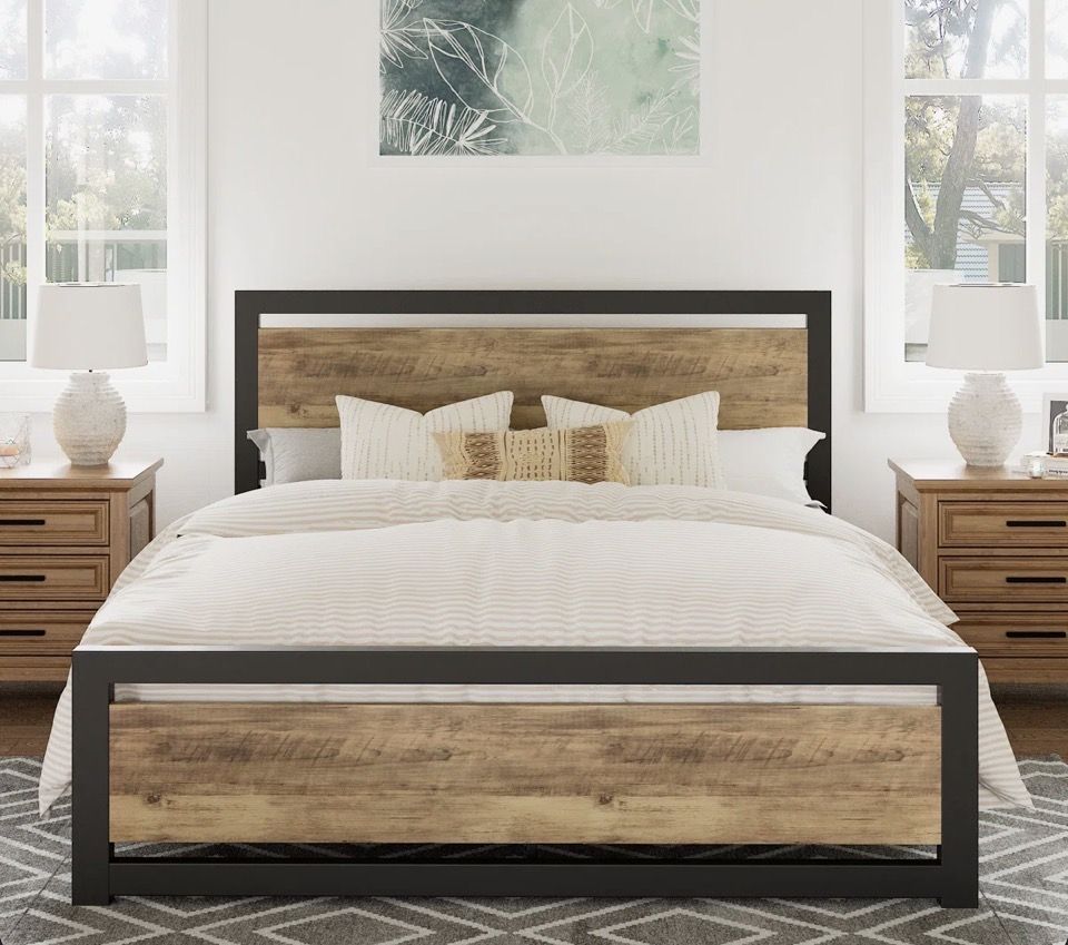 New Metal Full Bed Frame With Walnut Wood Inserts