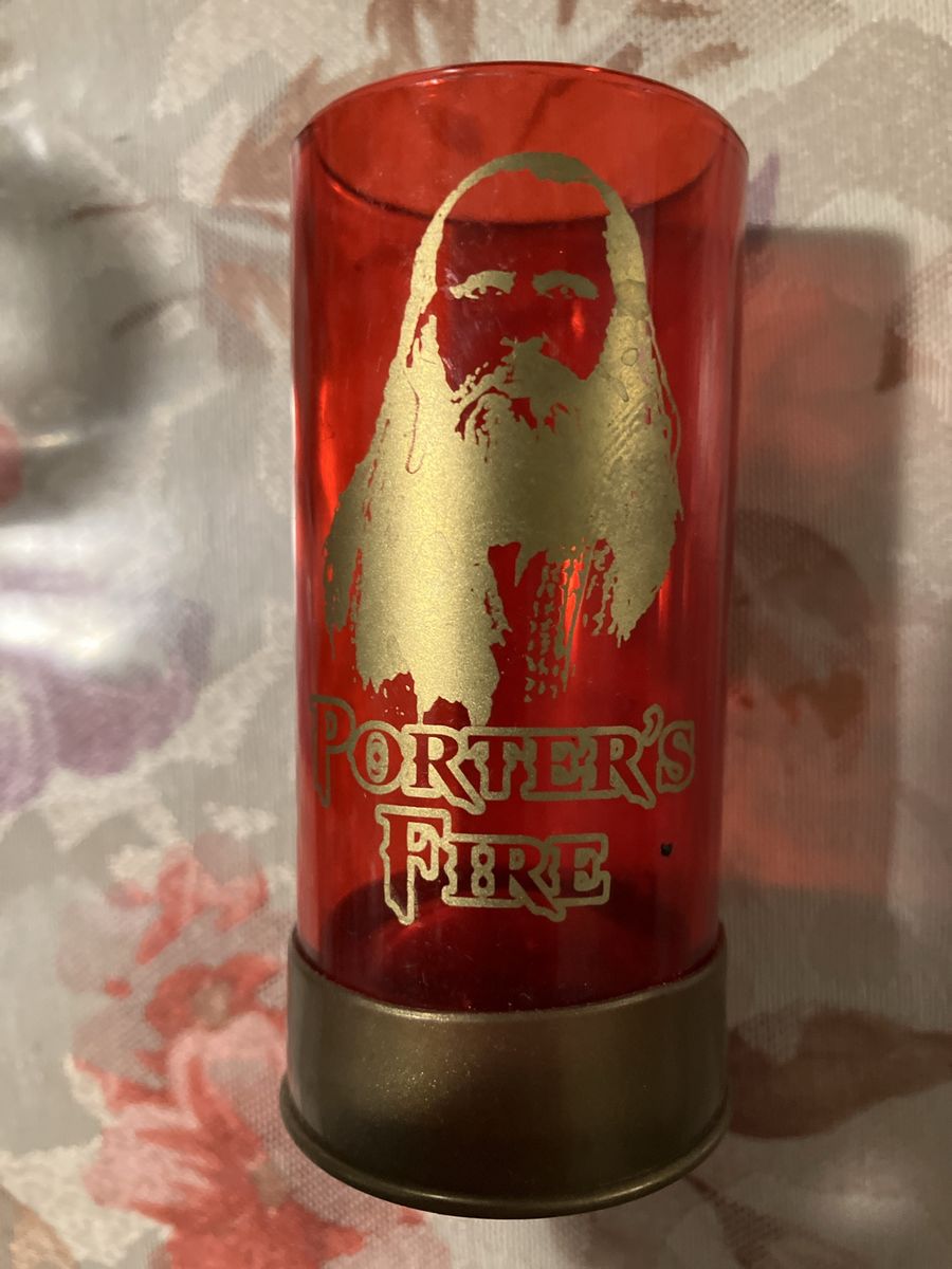 Vintage Porter's Fire Whiskey Shot Glass - Red Shotgun Shell Design