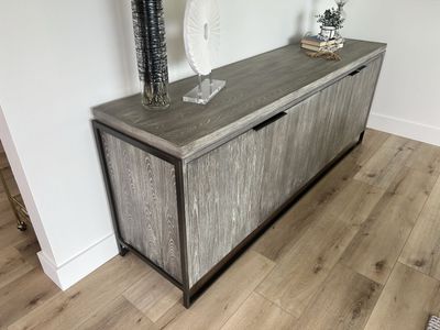 Modern Gray Washed Wood Sideboard Console Table with Black Metal Frame - 4 Door Storage.