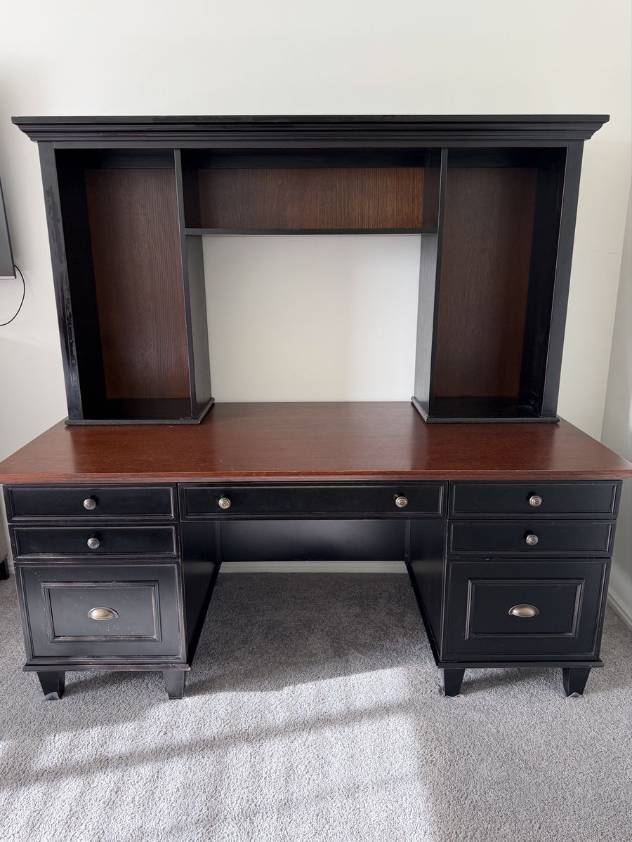 Arhaus Alderson Executive Desk - Black/Cherry Wood with Hutch - Minor Wear