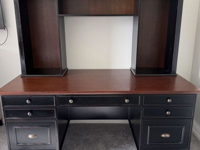 Arhaus Alderson Executive Desk - Black/Cherry Wood with Hutch - Minor Wear
