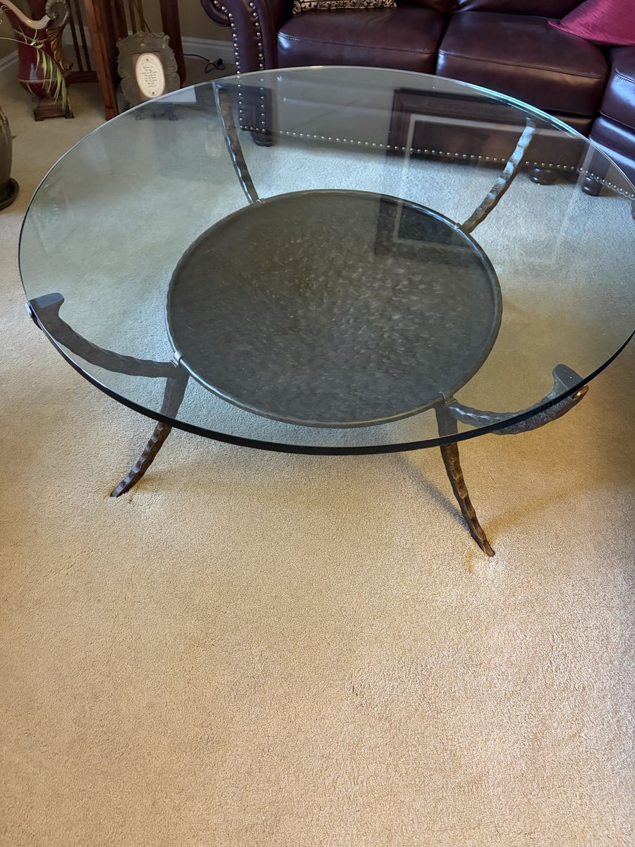 Round Glass Top Coffee Table with Hammered Metal Frame and Lower Shelf