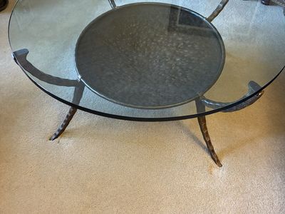 Round Glass Top Coffee Table with Hammered Metal Frame and Lower Shelf