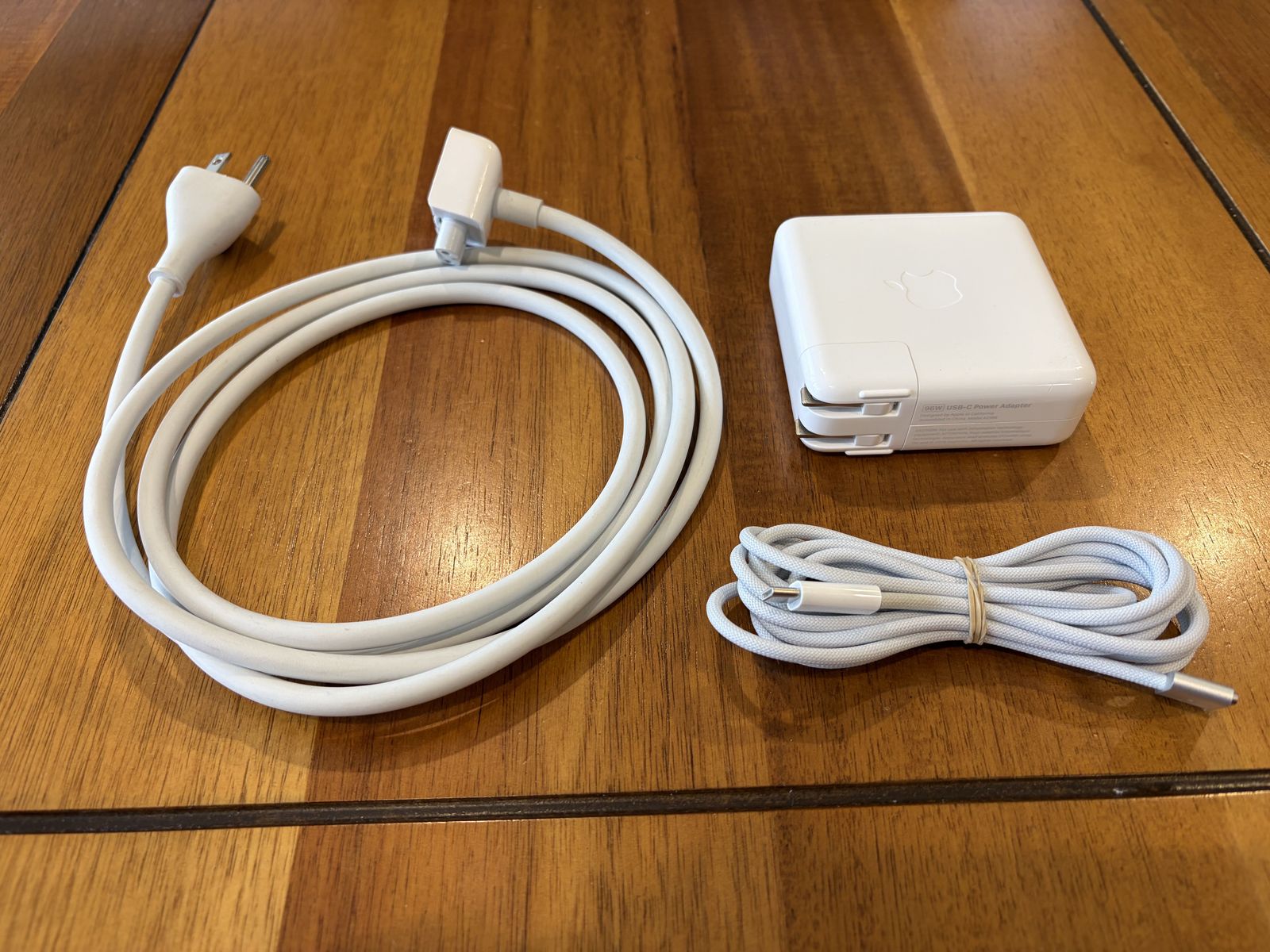 Apple laptop 96W USB-C power adapter, USB-C to MagSafe 3 cable and extension cable