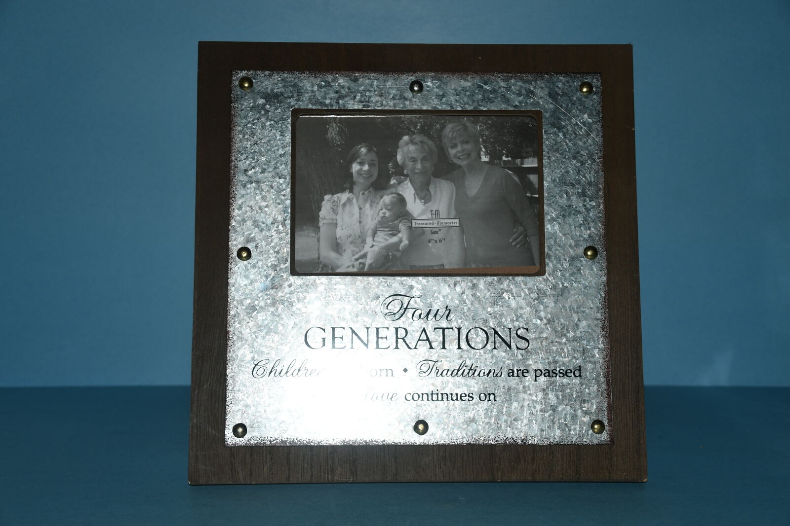NEW "4 GENERATION" PICTURE FRAME ~ WOOD & GALVANIZED METAL ~ HOLDS a 4" x 6" PICTURE ~ 10.5" x 10.5" ~ NICE!