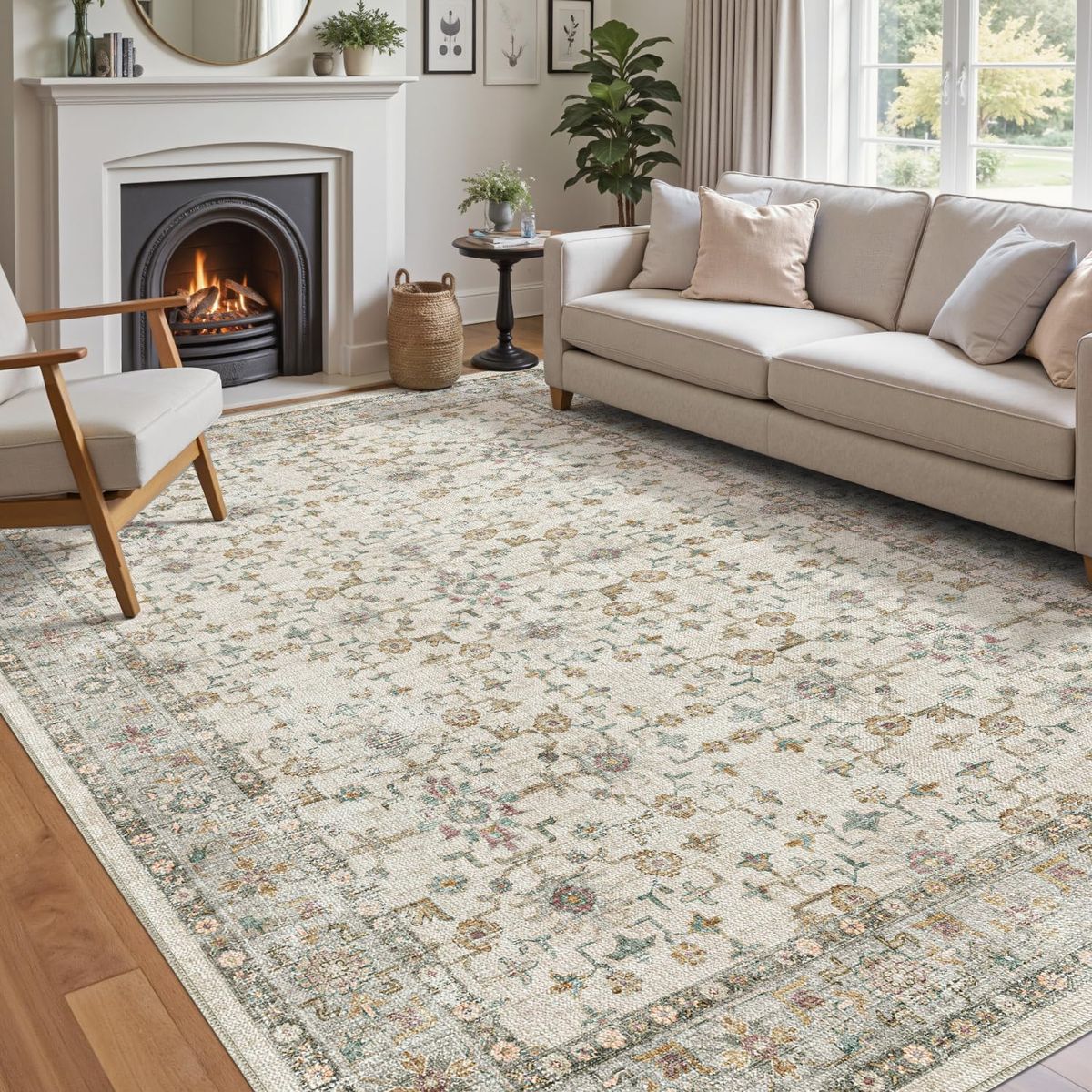 NEW 5x8 Washable Low Pile Vintage Rug for Bedroom, Beige Cream