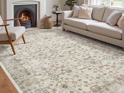 NEW 5x8 Washable Low Pile Vintage Rug for Bedroom, Beige Cream