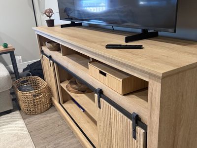 Modern Farmhouse Natural Oak TV Stand Console with Sliding Barn Doors