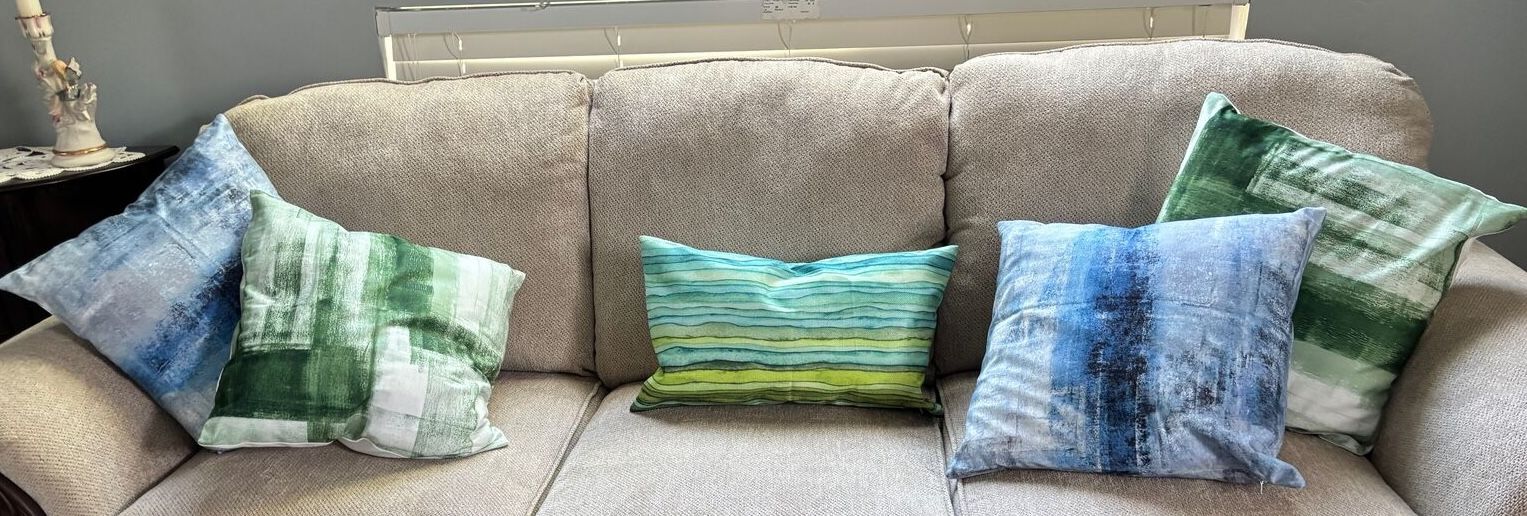5 Green and blue couch cushions (PILLOWS)