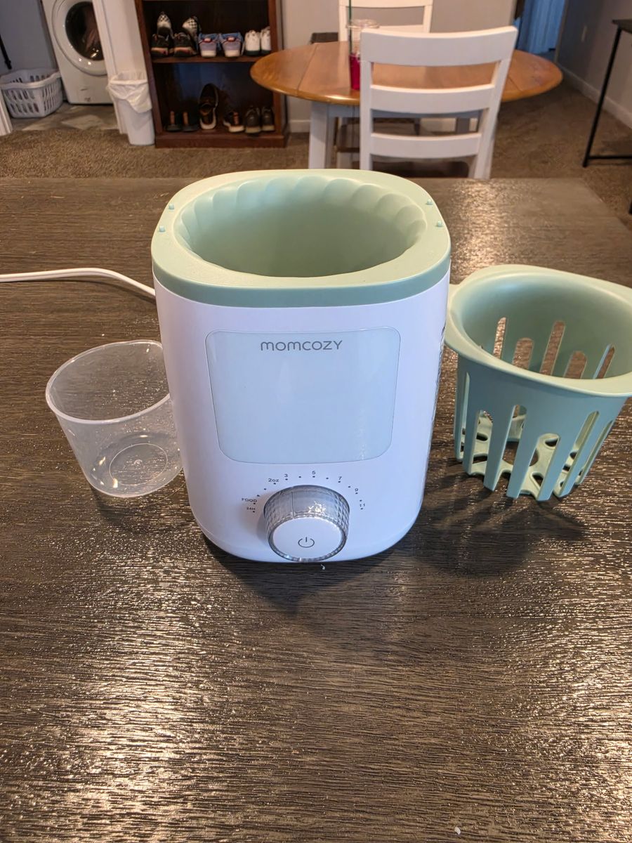Momcozy Fast Baby Bottle Warmer with Basket and Measuring Cup - White/Sage Green