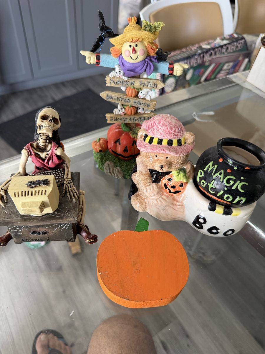 Halloween Decor Lot: Skeleton, Teddy Bear, Scarecrow, Pumpkin, & Magic Potion Cauldron