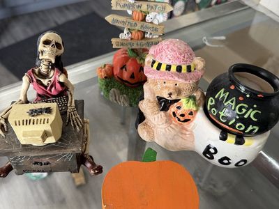 Halloween Decor Lot: Skeleton, Teddy Bear, Scarecrow, Pumpkin, & Magic Potion Cauldron