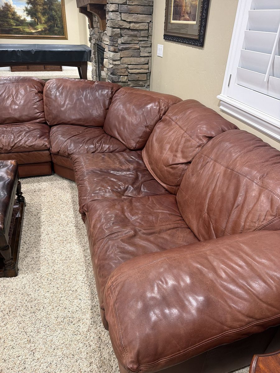 Real Leather Sectional Sofa - 3-Piece Brown Sectional, No Tears, Good Condition