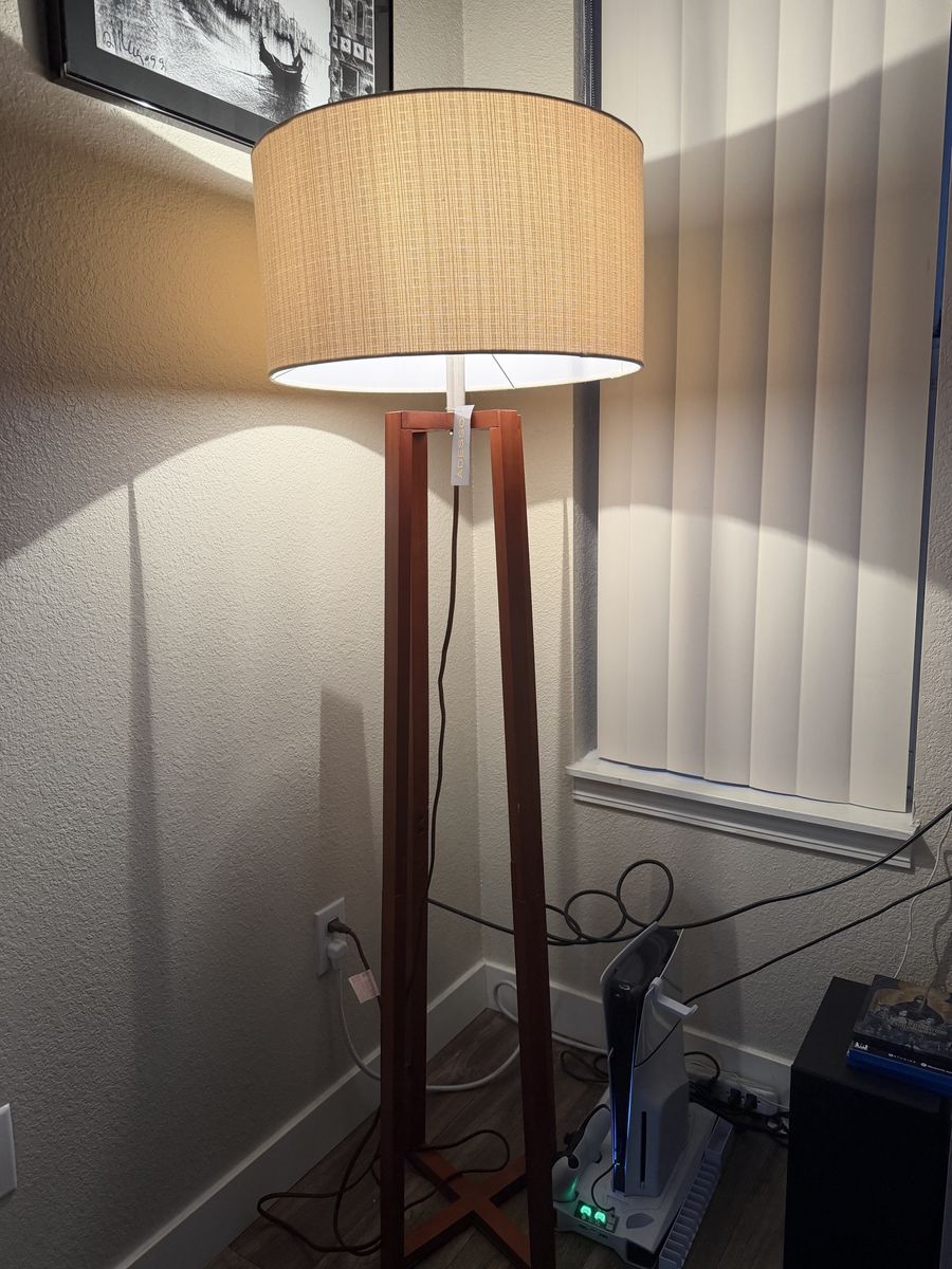 Adesso Wood & Linen Tripod Floor Lamp - Modern Style Lighting