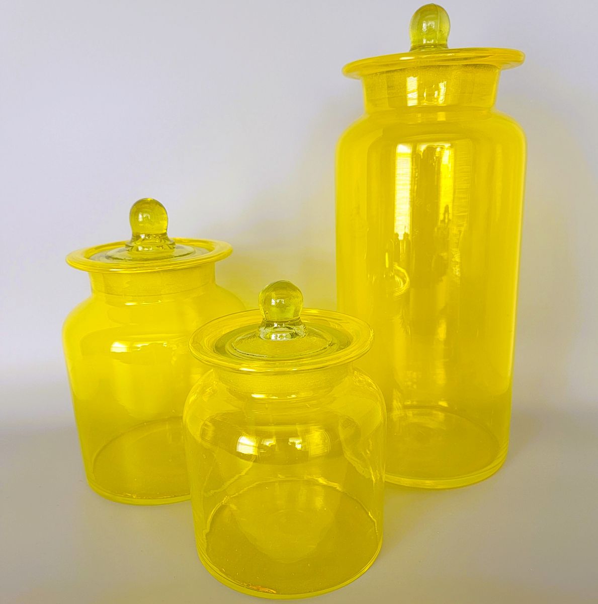 Glass Canisters By TAKAHASHI .Vintage Mid-Century Modern Set of 3 Hand Blown Glass Apothecary Canisters & Lids in Citrine Yellow
