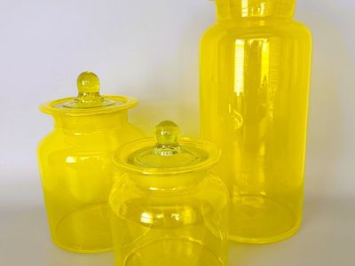 Glass Canisters By TAKAHASHI .Vintage Mid-Century Modern Set of 3 Hand Blown Glass Apothecary Canisters & Lids in Citrine Yellow