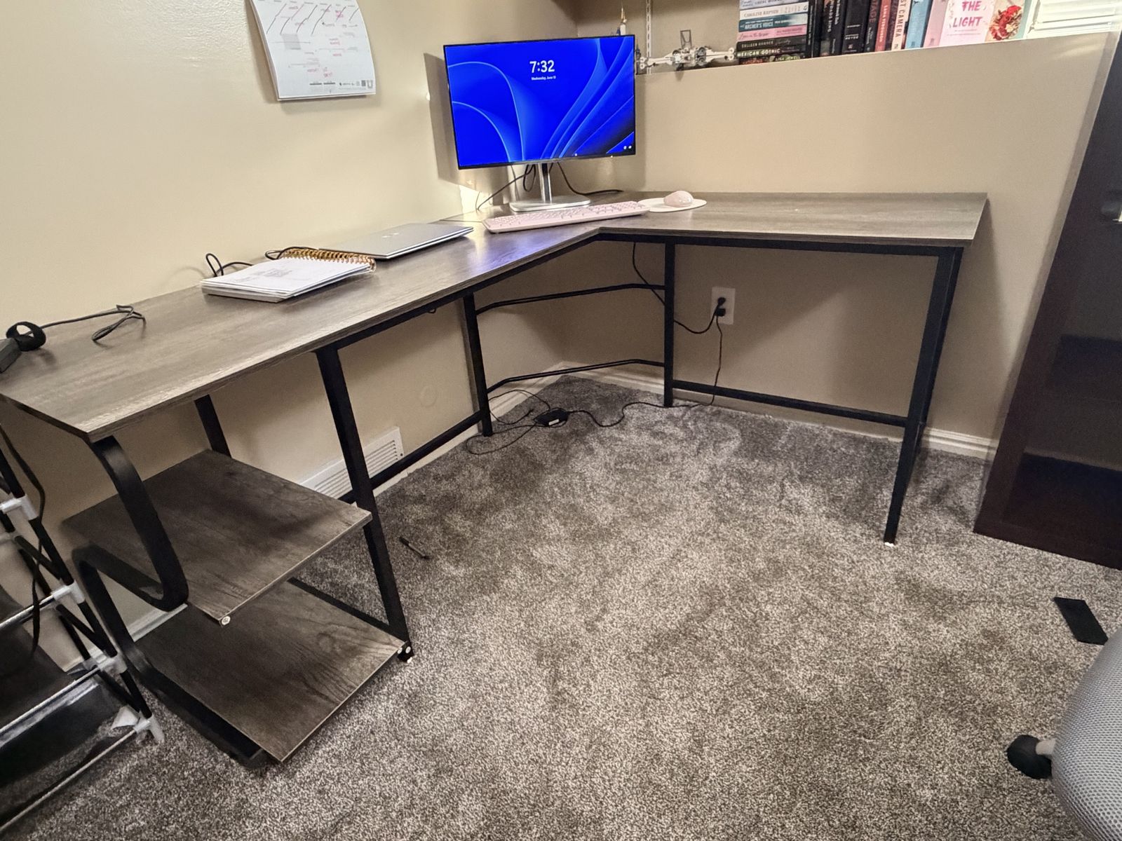 Large L-Shaped Corner Computer Desk with Shelves - Gray Wood Finish & Black Metal Frame
