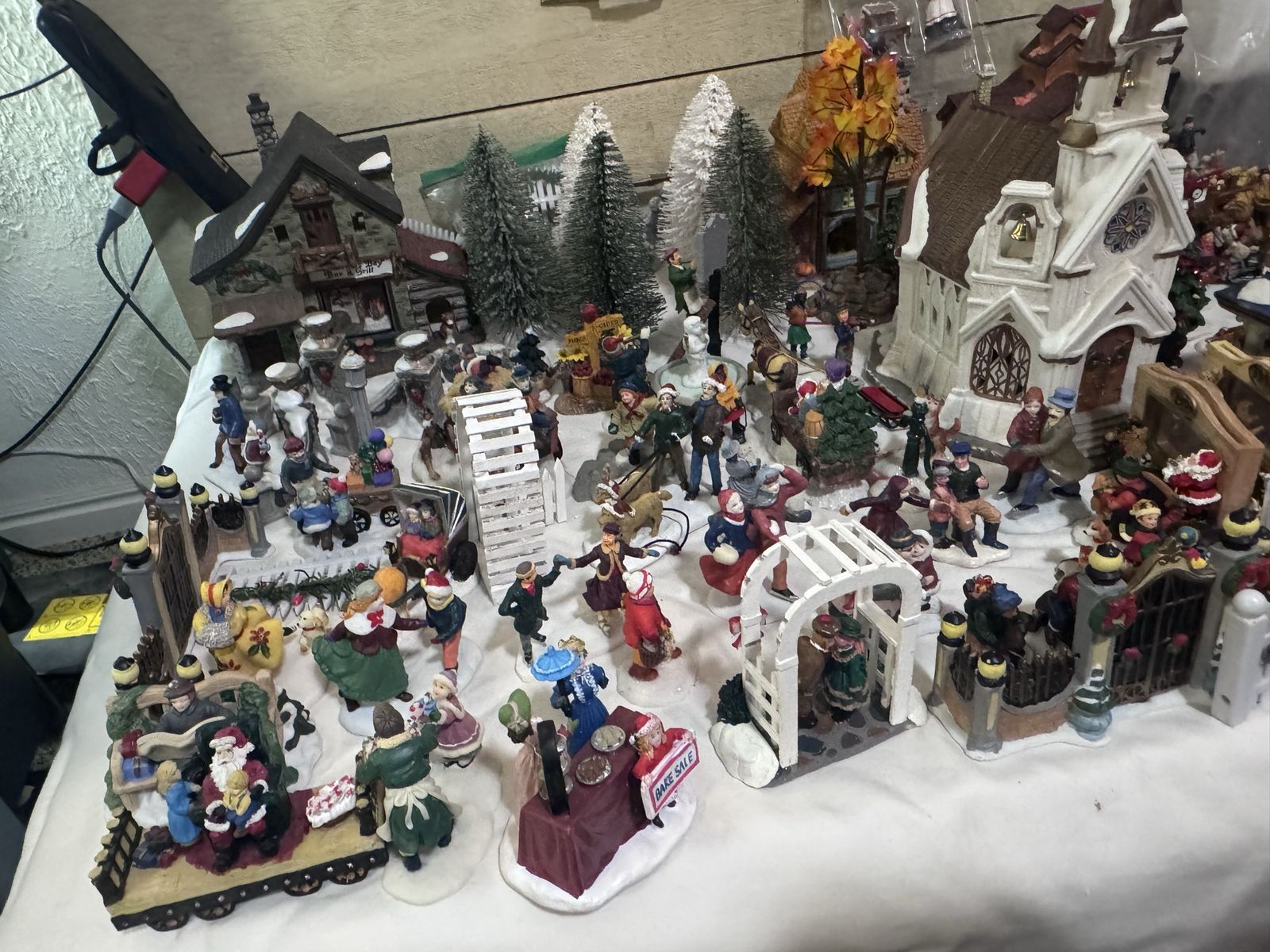 Large Vintage Christmas Village Set with Buildings, Figurines, and Trees