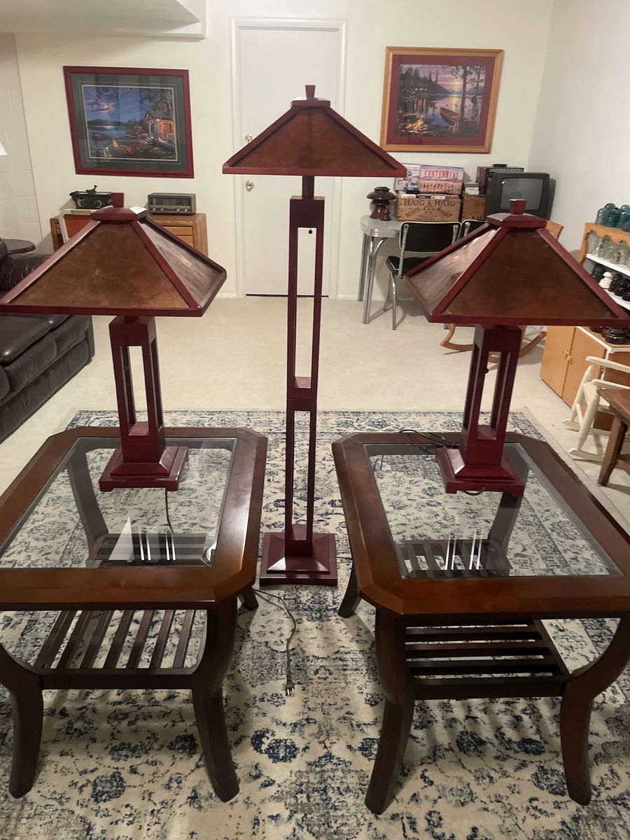 Matching End Tables with Lamps - 2 Glass-Top End Tables, 2 Table Lamps, 1 Floor Lamp - Complete Set