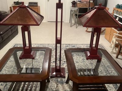 Matching End Tables with Lamps - 2 Glass-Top End Tables, 2 Table Lamps, 1 Floor Lamp - Complete Set