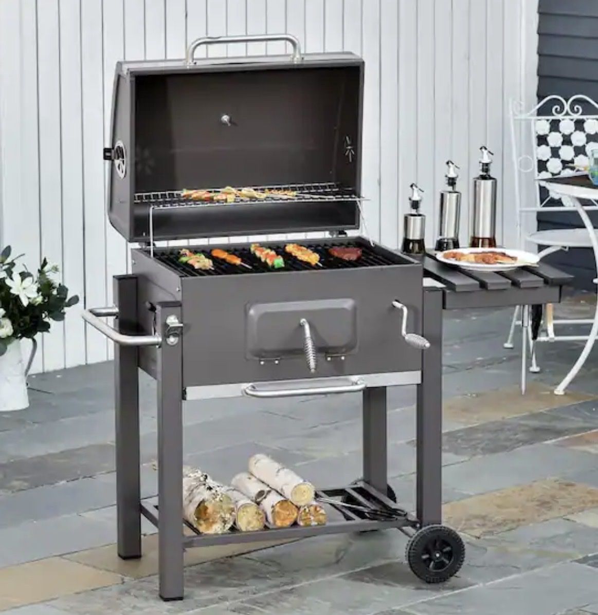 Outsunny Portable Charcoal Grill in Gray with Side Shelf