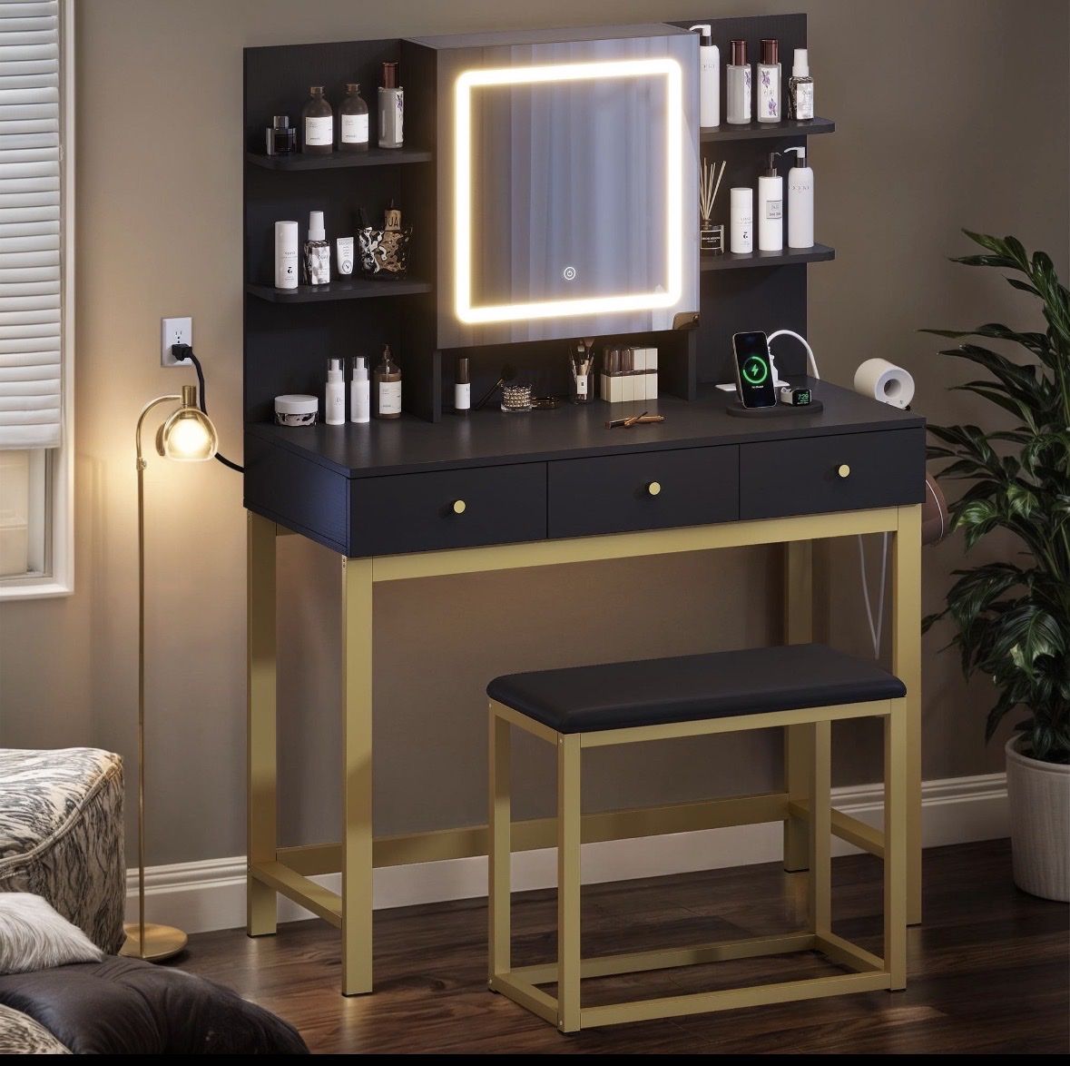 (Luxurious Black & Gold Vanity Desk with Lighted Mirror, Storage, & Charging Station