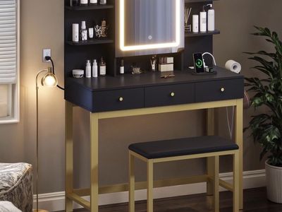 (Luxurious Black & Gold Vanity Desk with Lighted Mirror, Storage, & Charging Station