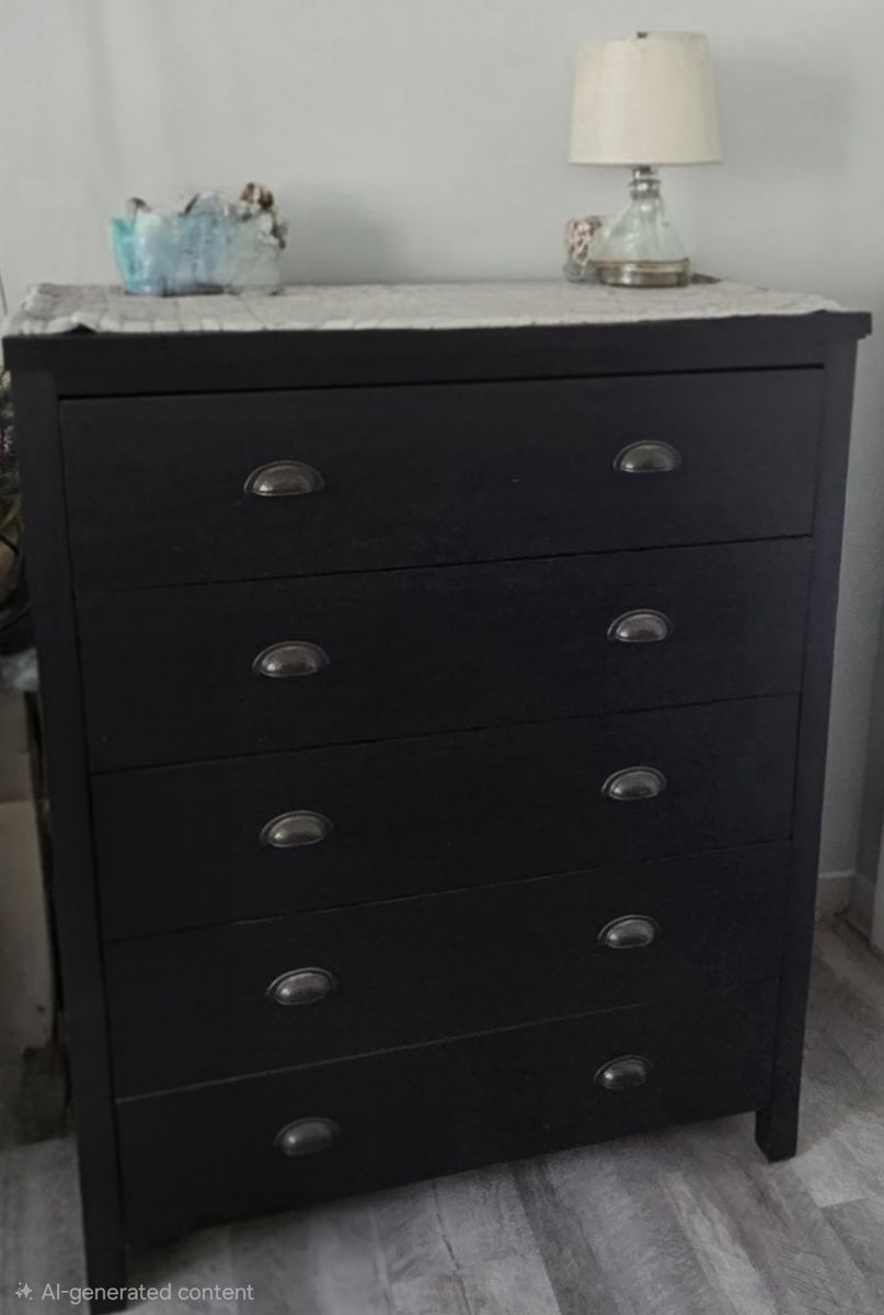 Black 5-Drawer Dresser with Bronze Cup Pulls - Used Condition