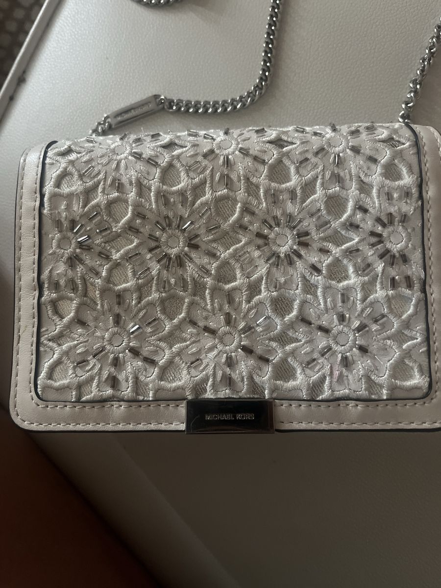 Michael Kors Beaded Lace Floral Pattern Leather Crossbody Bag Silver Chain White