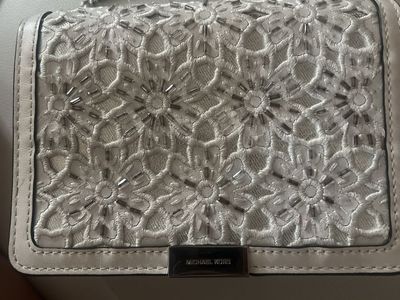 Michael Kors Beaded Lace Floral Pattern Leather Crossbody Bag Silver Chain White