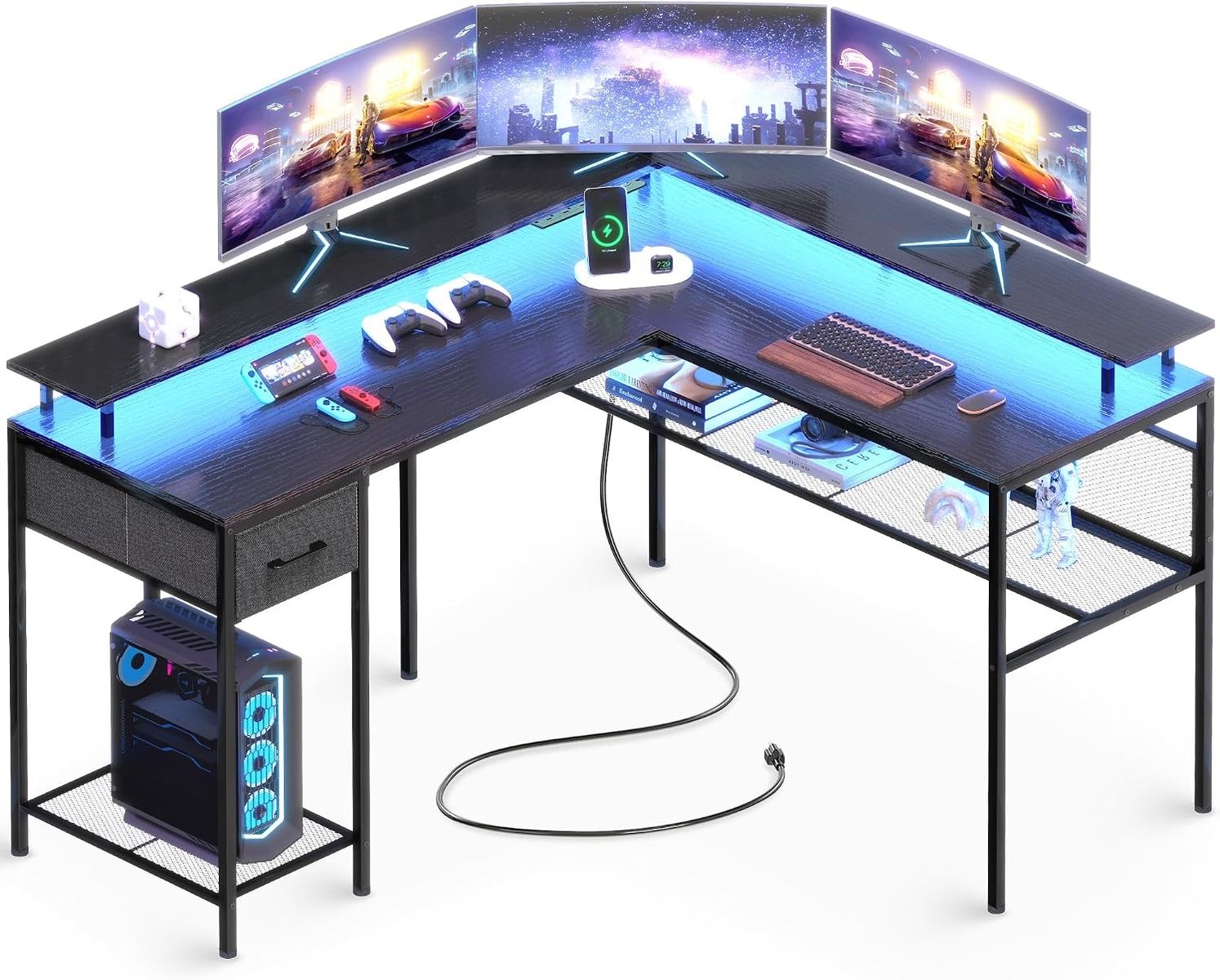 Huuger 7963 L-Shaped Gaming Desk w/ LED Lights, Power Outlets & Storage