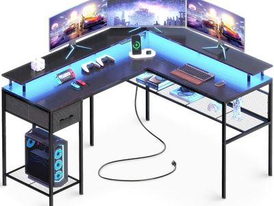 Huuger 7963 L-Shaped Gaming Desk w/ LED Lights, Power Outlets & Storage