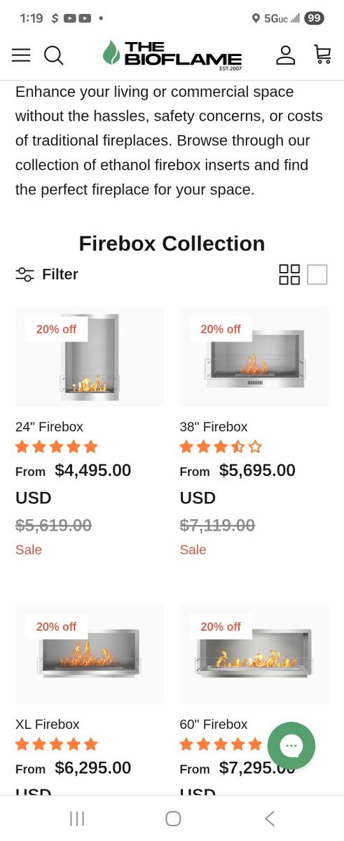 60" SS Box fireplace ethanol w/48"burner.