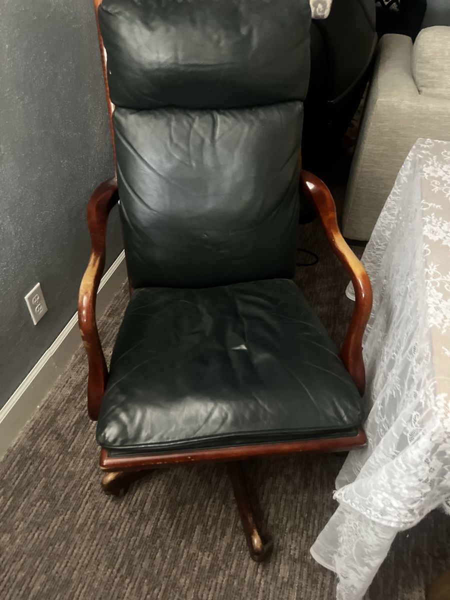 Vintage Blue Leather & Wood Swivel Desk Chair - Executive Office Furniture