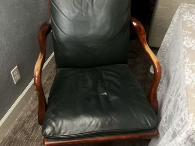 Vintage Blue Leather & Wood Swivel Desk Chair - Executive Office Furniture