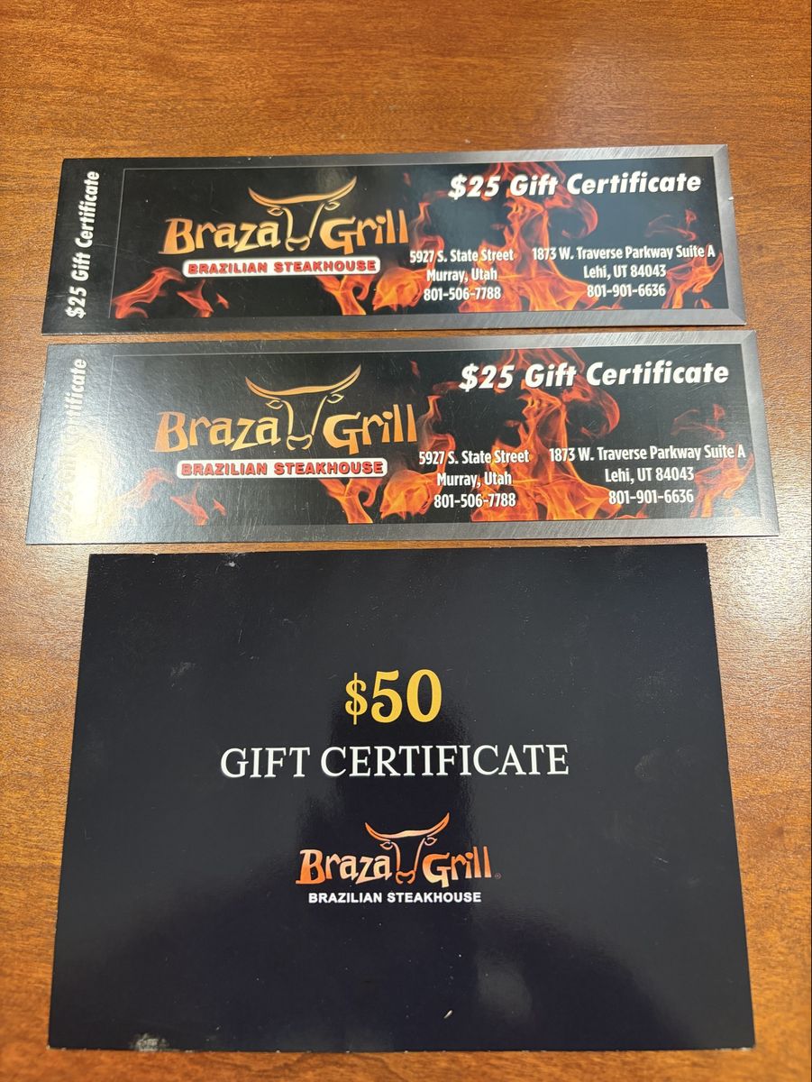 Gift cards. Braza Grill Brazilian Steakhouse $100 Gift Certificate Bundle ($50 + 2x$25) - Restaurant Dining