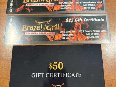 Gift cards. Braza Grill Brazilian Steakhouse $100 Gift Certificate Bundle ($50 + 2x$25) - Restaurant Dining