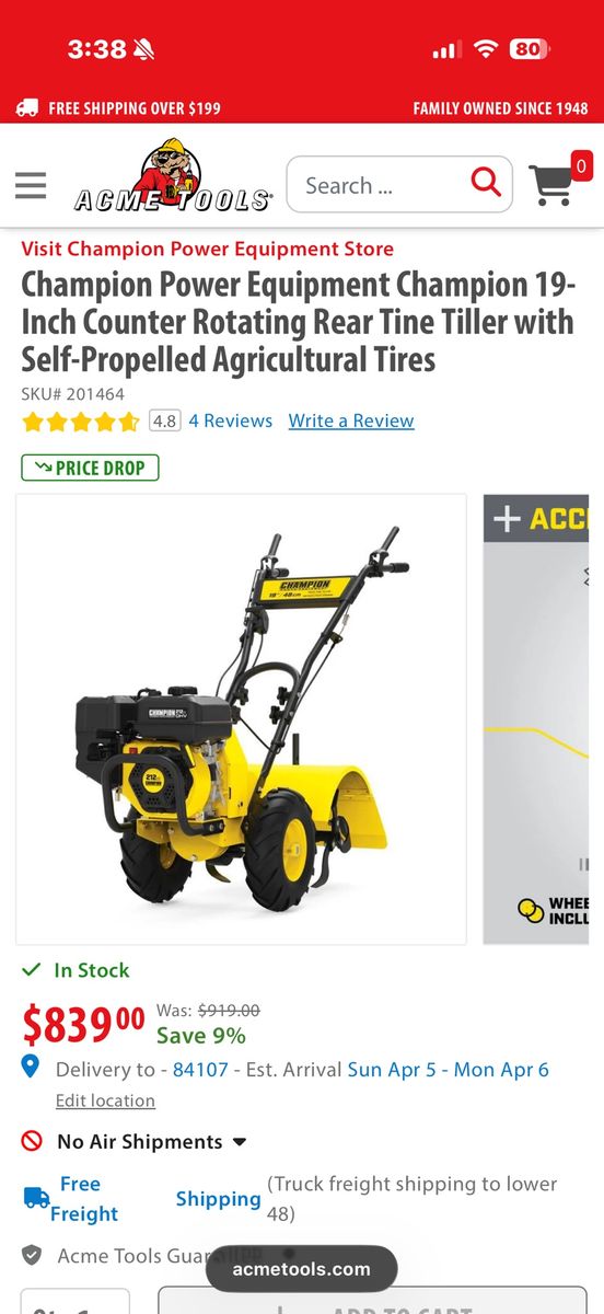 Champion 19 Inch Rear Tine Roto Tiller