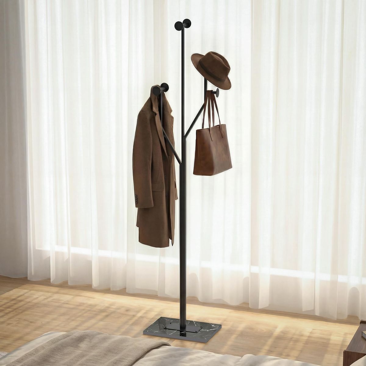 Modern Freestanding Coat Rack with Marble Base – 8 Hooks – Black