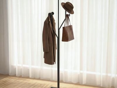 Modern Freestanding Coat Rack with Marble Base – 8 Hooks – Black