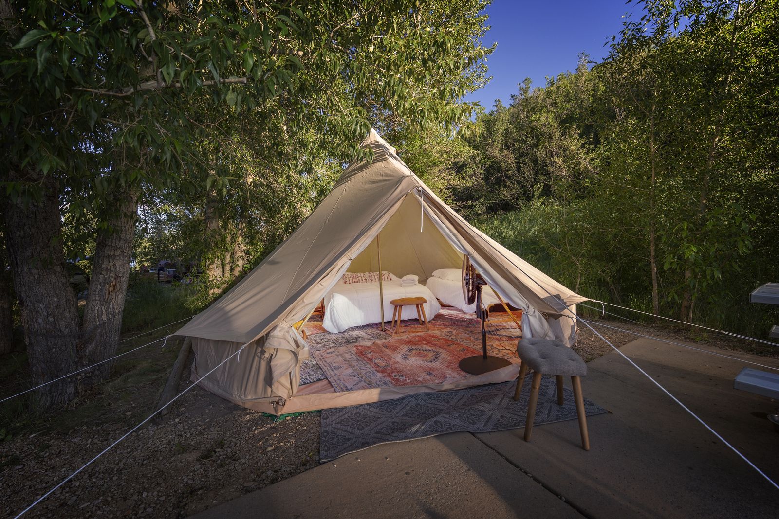 Stout 16' Canvas Bell Tent Glamping Setup - Queen & Twin Mattresses, Rugs, & More!
