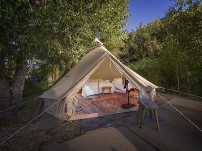 Stout 16' Canvas Bell Tent Glamping Setup - Queen & Twin Mattresses, Rugs, & More!