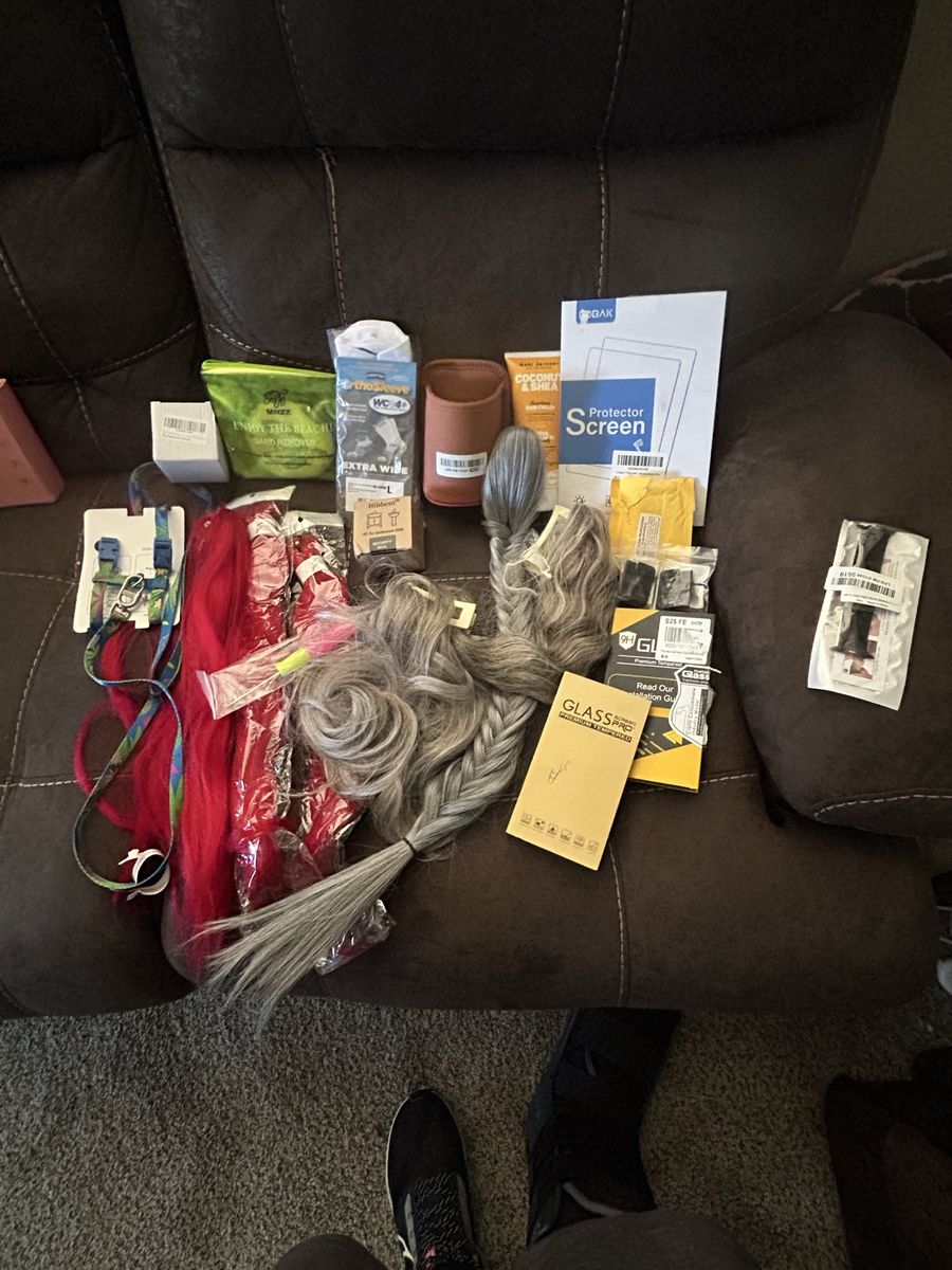 Assorted Mixed Lot of New Items: Wigs, Screen Protectors, Pet Harness, and More