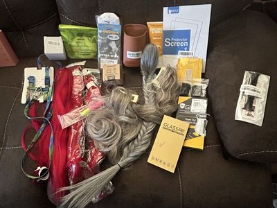 Assorted Mixed Lot of New Items: Wigs, Screen Protectors, Pet Harness, and More